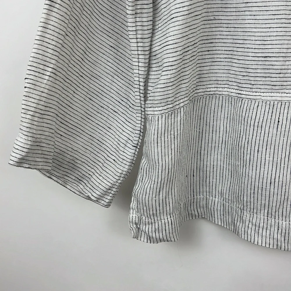 TAHARI 3/4 sleeve pullover top thin black stripes on white linen M - Picture 6 of 9